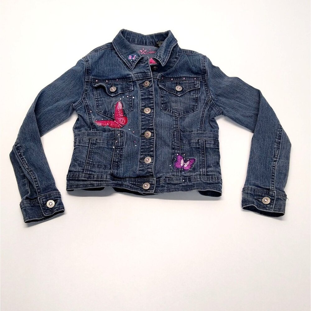 Arizona Jean Co. Girls Medium Denim Jacket Butterfly Embroidery Light Wash EUC